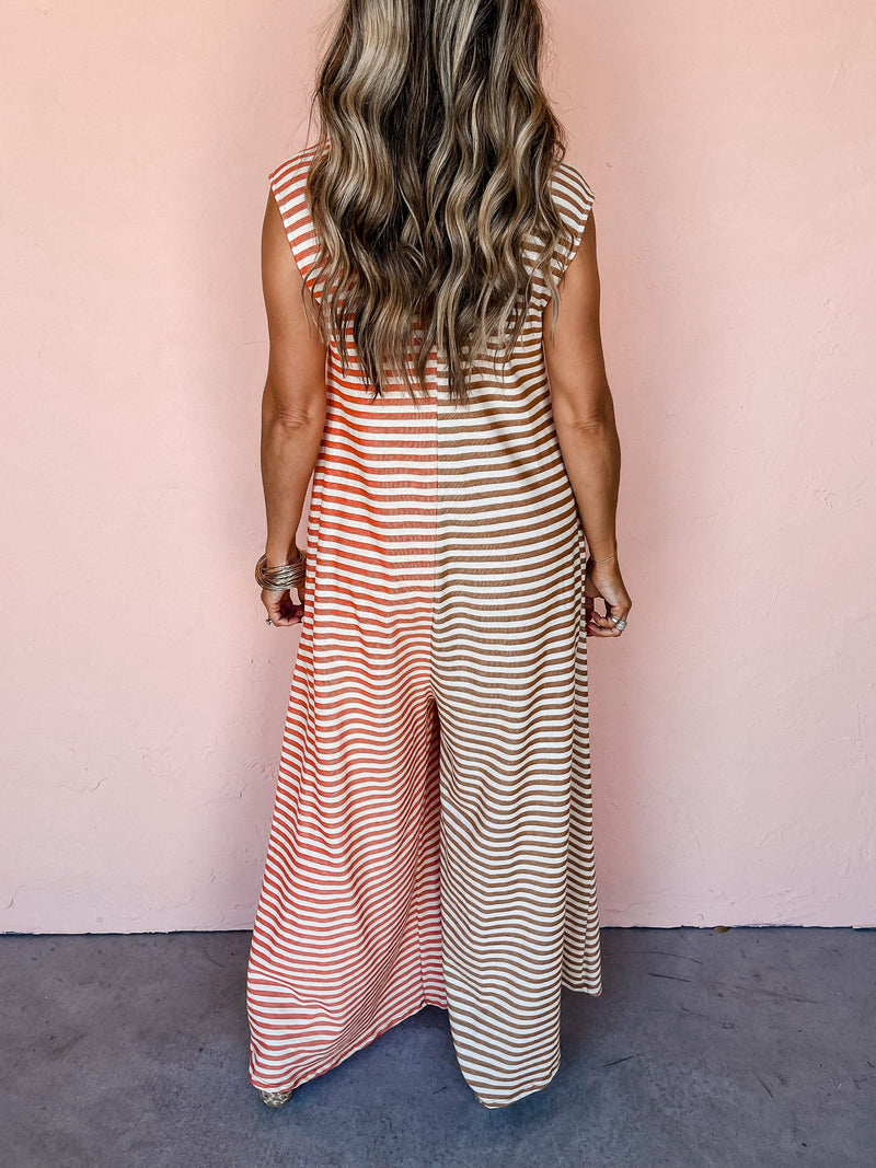 Spring Summer Jumpsuit Mixed Color Stripe Sleeveless Loose Fresh Wide Leg Long One Piece