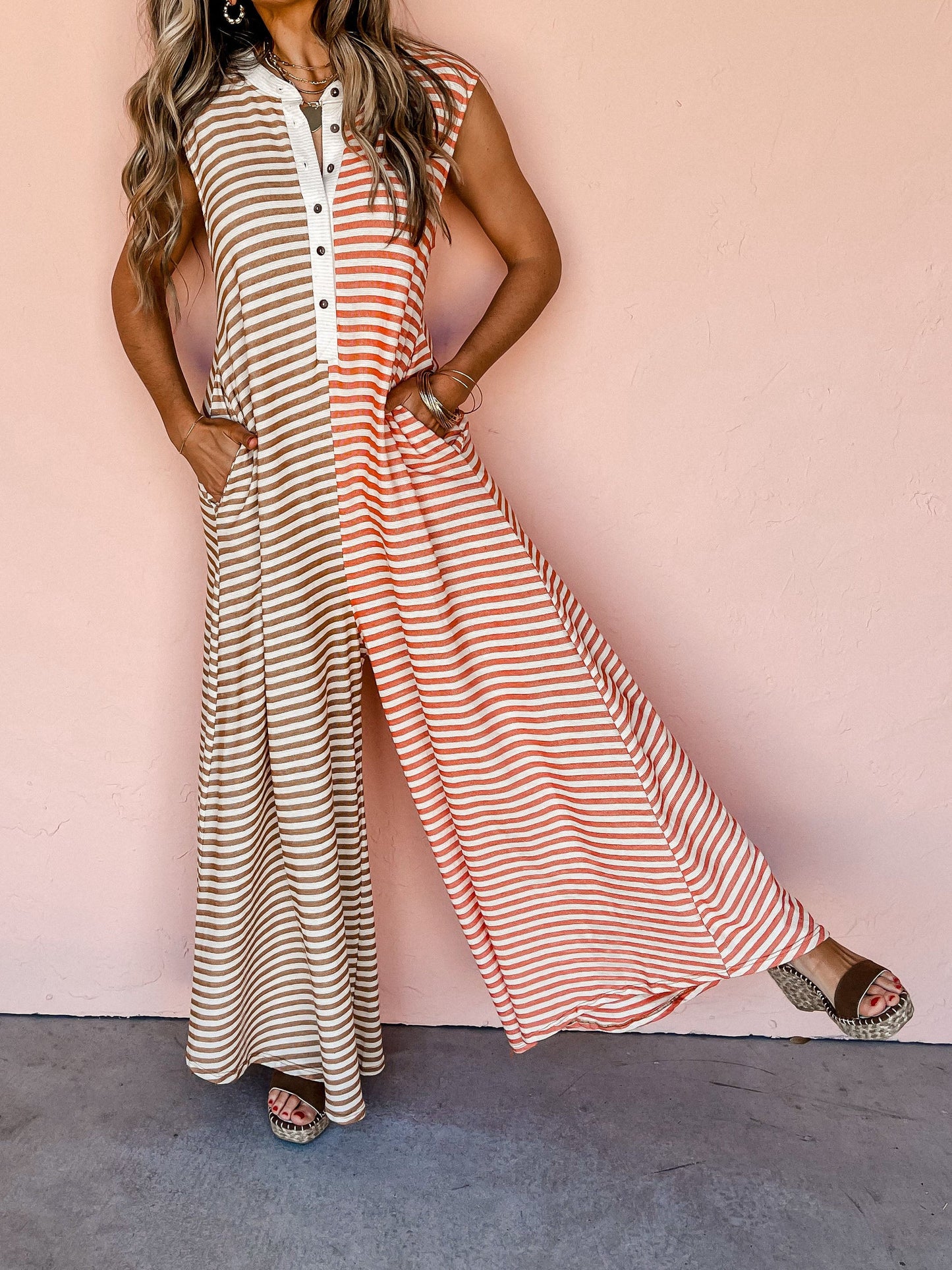 Spring Summer Jumpsuit Mixed Color Stripe Sleeveless Loose Fresh Wide Leg Long One Piece