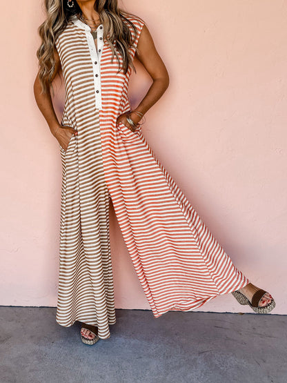 Spring Summer Jumpsuit Mixed Color Stripe Sleeveless Loose Fresh Wide Leg Long One Piece