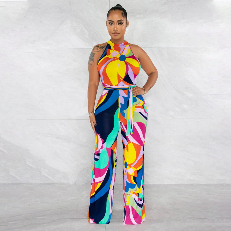 Summer Clothing Printed Sleeveless Lace Up Jumpsuit Trousers for