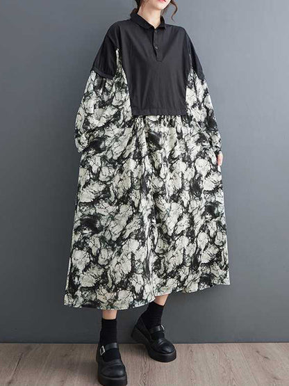 Long Sleeves Loose Buttoned Printed Split-joint Lapel Midi Dresses
