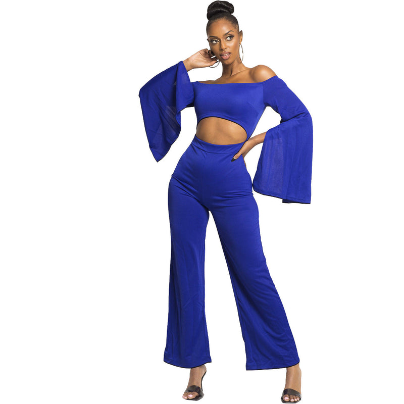 Boutique Color Long Sleeves Cropped Off Shoulder Jumpsuit