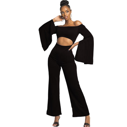 Boutique Color Long Sleeves Cropped Off Shoulder Jumpsuit