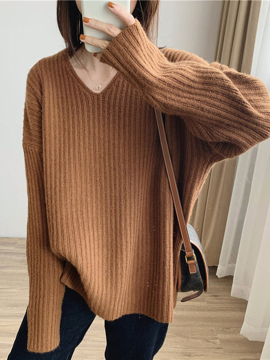 Caramel V-neck Long Sleeves Striped Knit Sweater Qx001