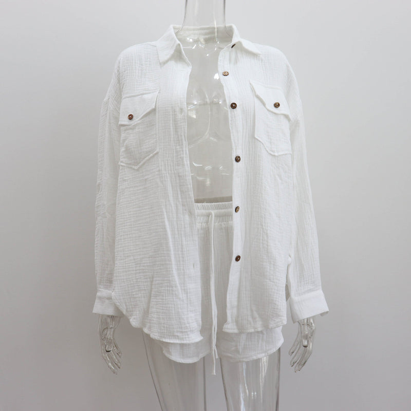 Clothing Spring Collared Loose Shirt High Waist Shorts Two Piece Set Set
