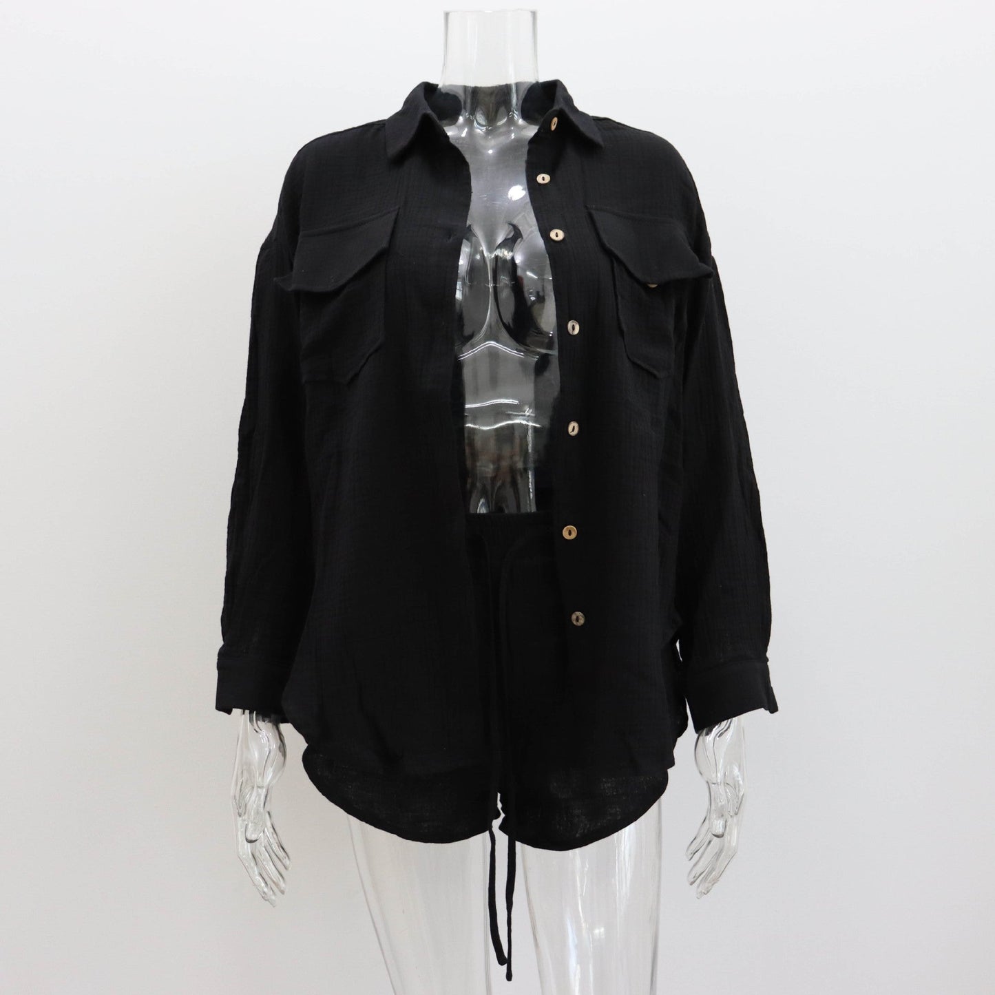 Clothing Spring Collared Loose Shirt High Waist Shorts Two Piece Set Set