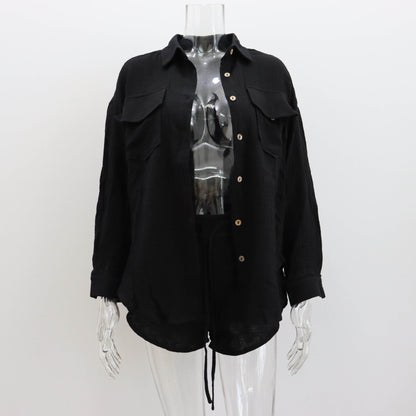 Clothing Spring Collared Loose Shirt High Waist Shorts Two Piece Set Set