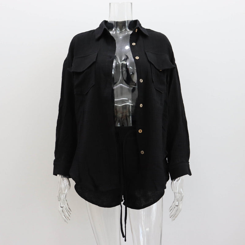 Clothing Spring Collared Loose Shirt High Waist Shorts Two Piece Set Set