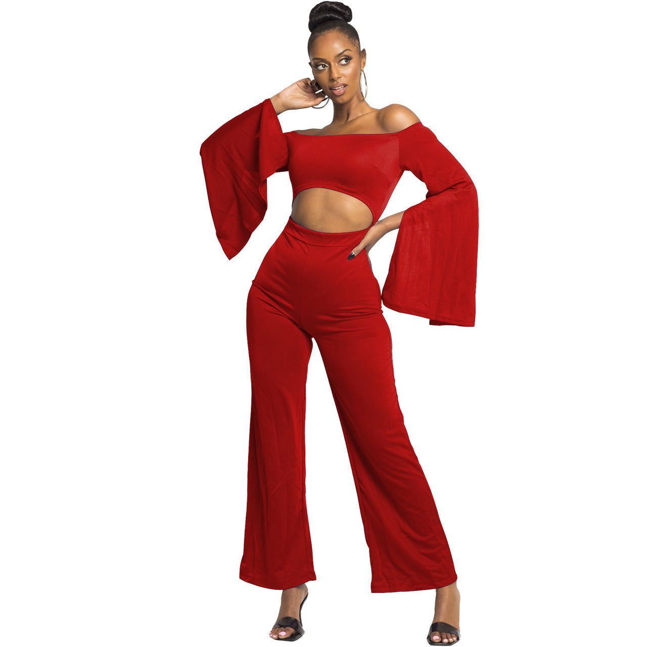 Boutique Color Long Sleeves Cropped Off Shoulder Jumpsuit
