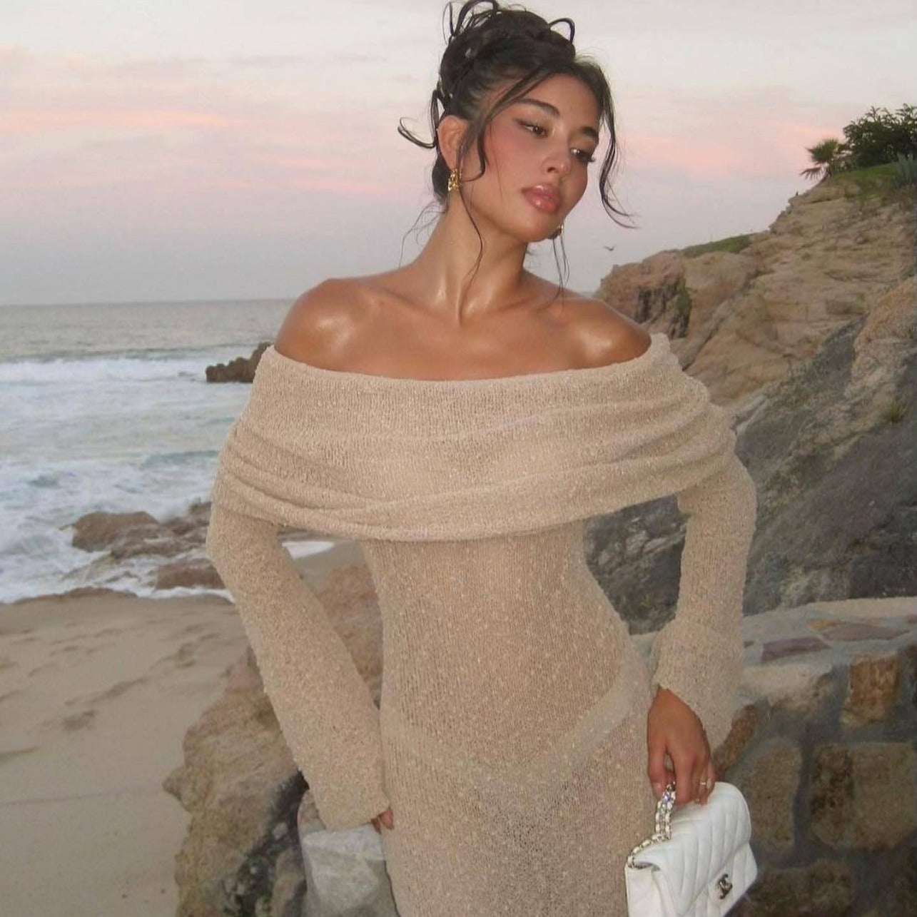 Beach Vacation Dress Knitted Hollow Out Cutout Out Off Neck Maxi Dress Blouse Summer ’s