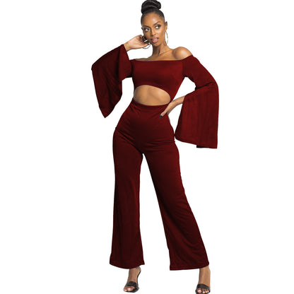 Boutique Color Long Sleeves Cropped Off Shoulder Jumpsuit