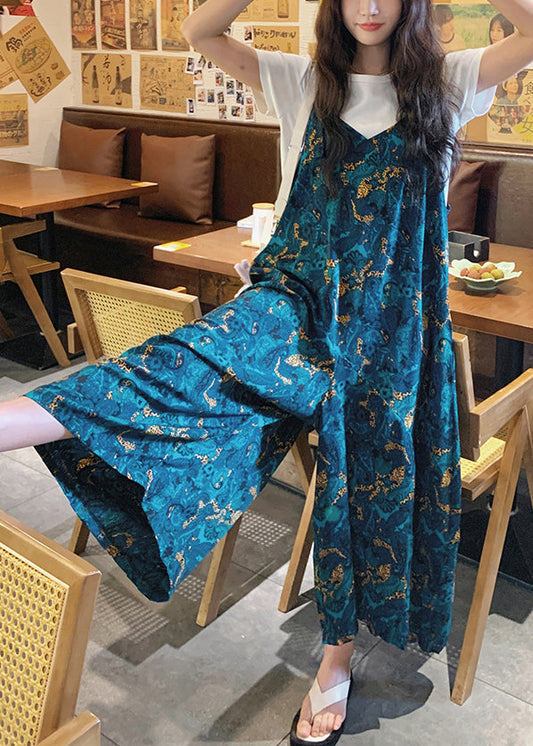 Loose Pants Cotton Print Jumpsuits Waist Blue Summer High