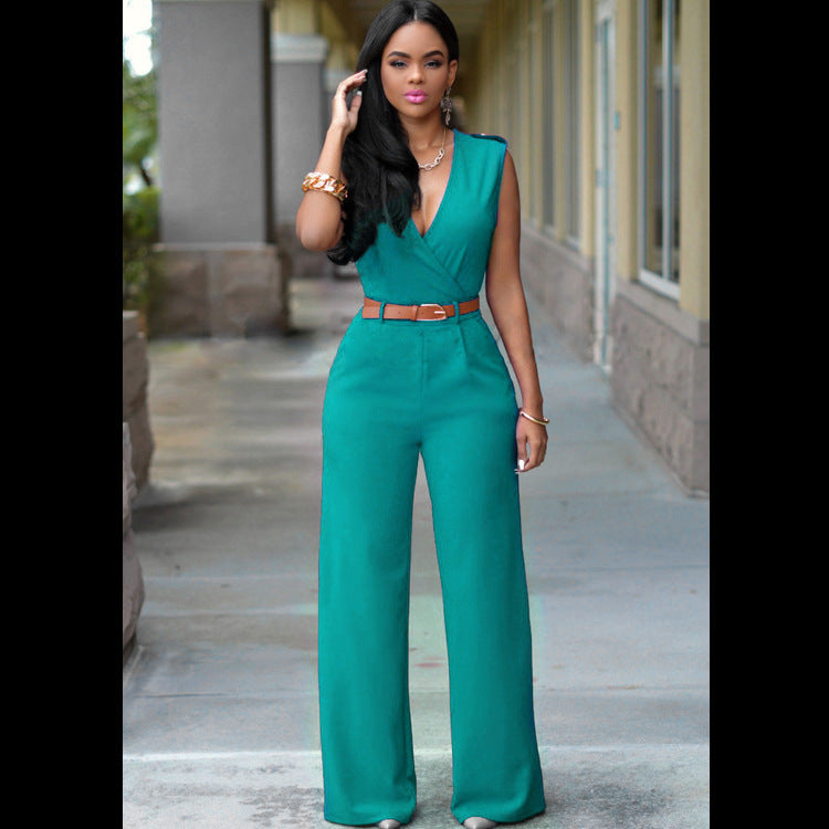 Clothing High Waist V Neck Wide Leg Irregular Asymmetric Suit With Belt Jumpsuit