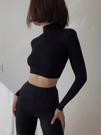 Nude Turtleneck Cropped T Shirt Autumn Long Sleeve T-shirt Skinny Basic Tee Shirt Femme