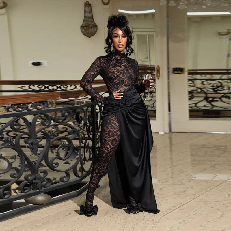 Wear Lace Jumpsuit Artificial Silk Skirt Set