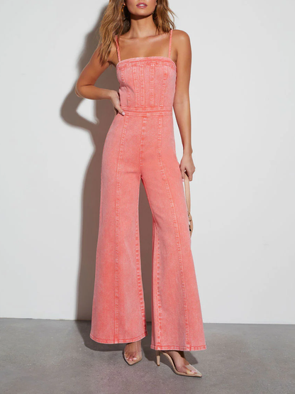 Summer Jumpsuit · Cotton Denim Washed Suspenders Slim Fit High Elastic Bootcut Pants