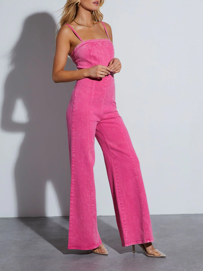 Summer Jumpsuit · Cotton Denim Washed Suspenders Slim Fit High Elastic Bootcut Pants