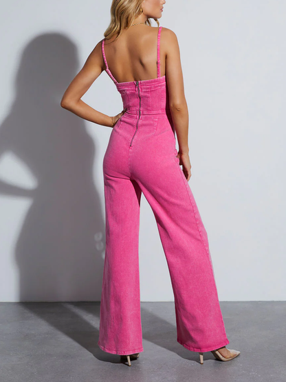 Summer Jumpsuit · Cotton Denim Washed Suspenders Slim Fit High Elastic Bootcut Pants