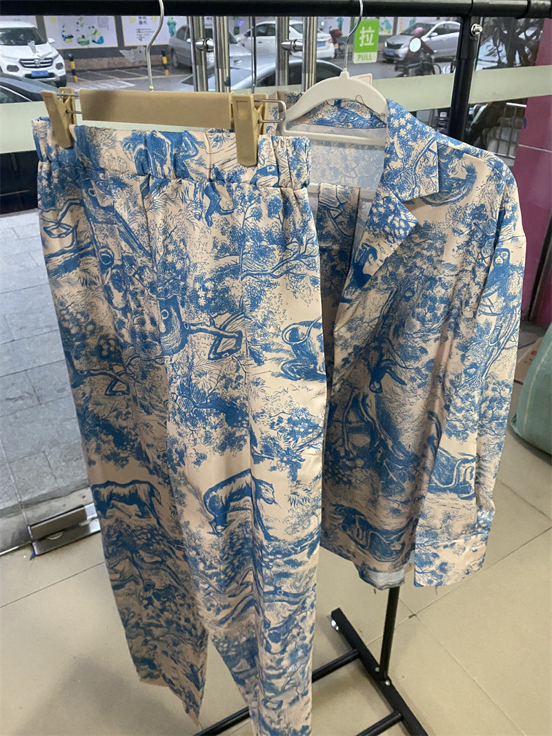 French Print Long Sleeve Lace Up Shirt High Waist Wide Leg Pants Sets