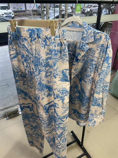 French Print Long Sleeve Lace Up Shirt High Waist Wide Leg Pants Sets