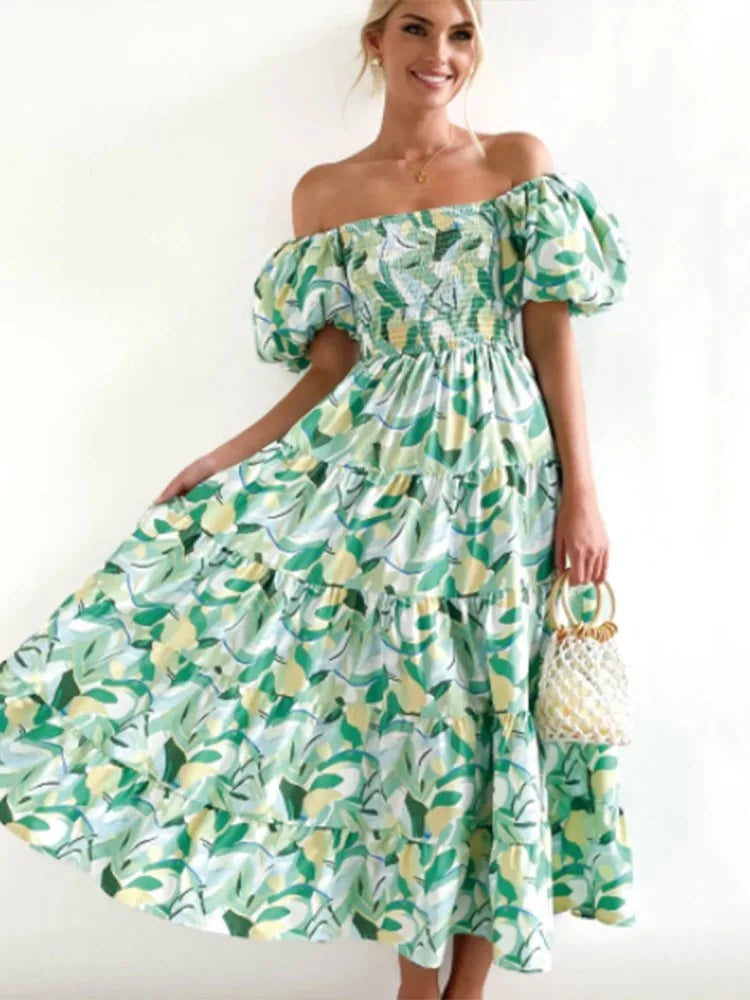 Color Print Off Shoulder Long Dresses Short Sleeves Backless Beach Vacation Style Dress Summer Vestidos