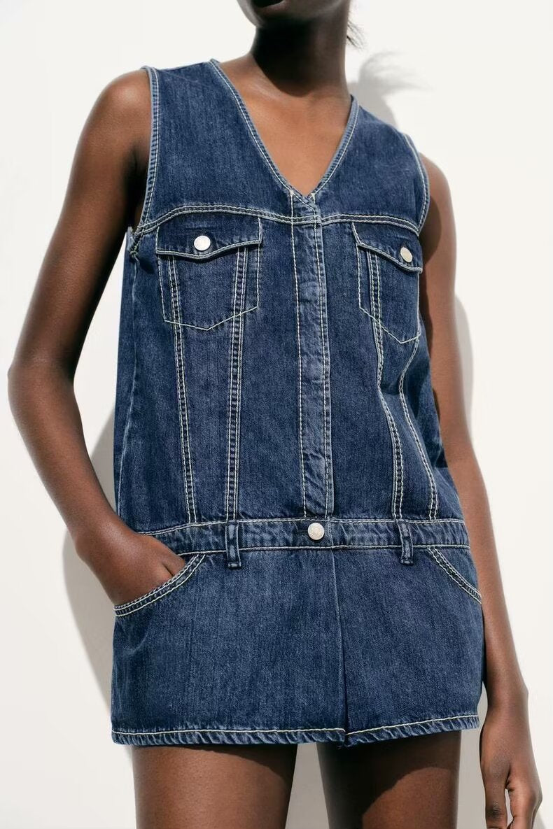 Spring Summer Clothing Jumpsuit Loose Sweet Washed Denim Short Dress