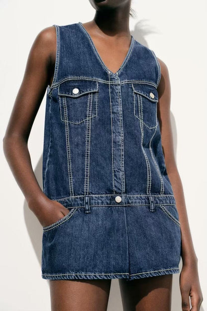 Spring Summer Clothing Jumpsuit Loose Sweet Washed Denim Short Dress