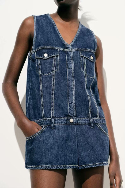 Spring Summer Clothing Jumpsuit Loose Sweet Washed Denim Short Dress