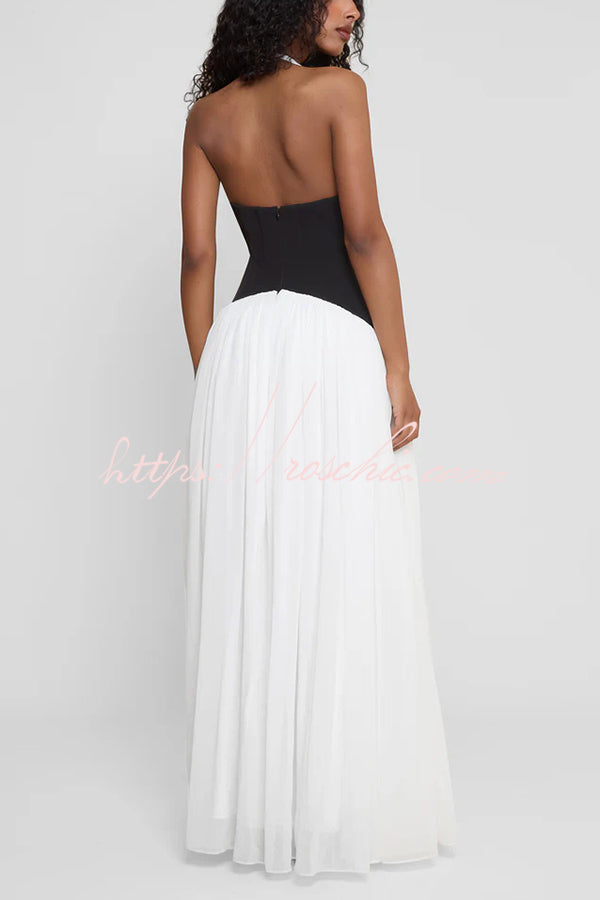 Fashionable Color Matching Halter Neck Waist Maxi Dress