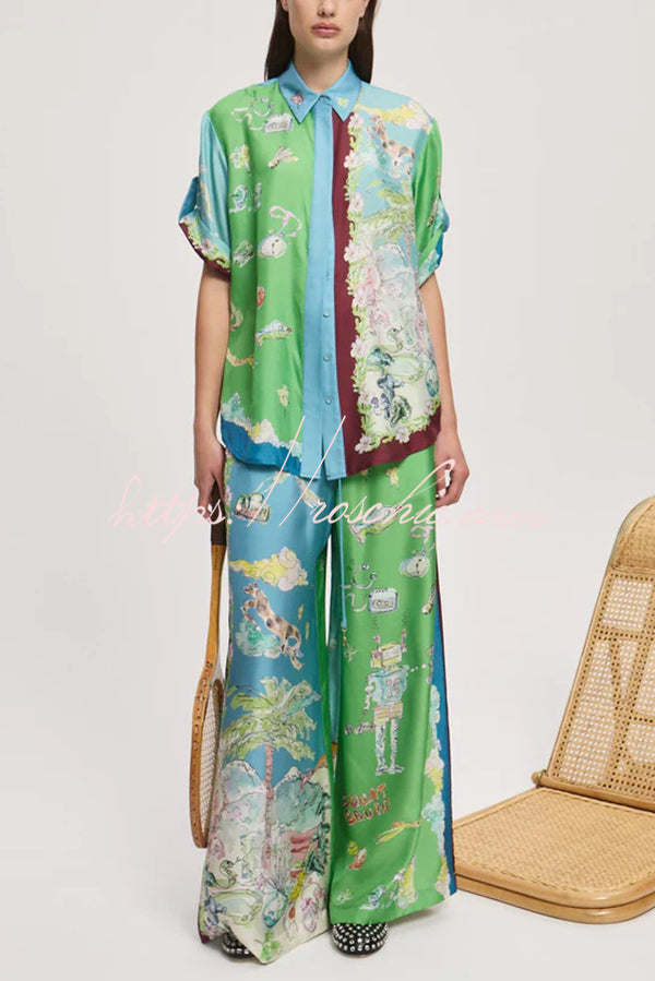 Unique Printed Lapel Short-sleeved Loose Shirt and Elastic Waist Tie Wide-leg Pants Set