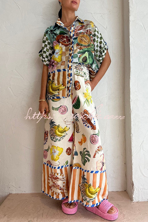 Spicy Lady Linen Blend Tropical Fruit Print Button Down Oversized Blouse