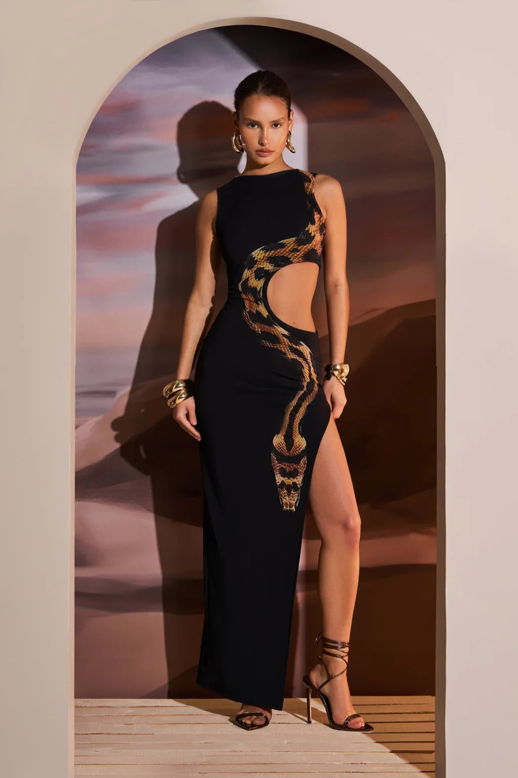 Yetta Snake Printed Cut-out Maxi Dress