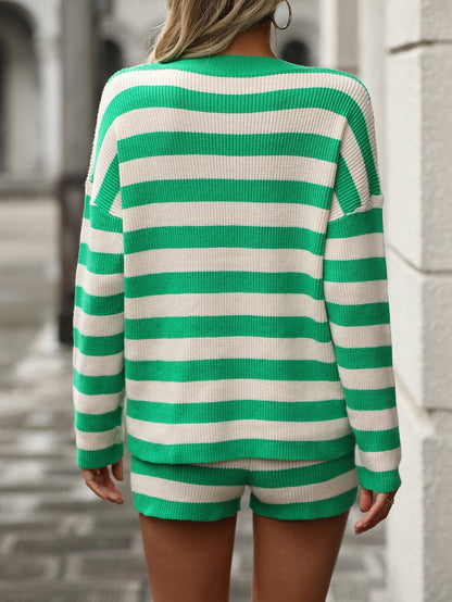 Autumn Winter Striped Patchwork Round Neck Sweater Sweater Set