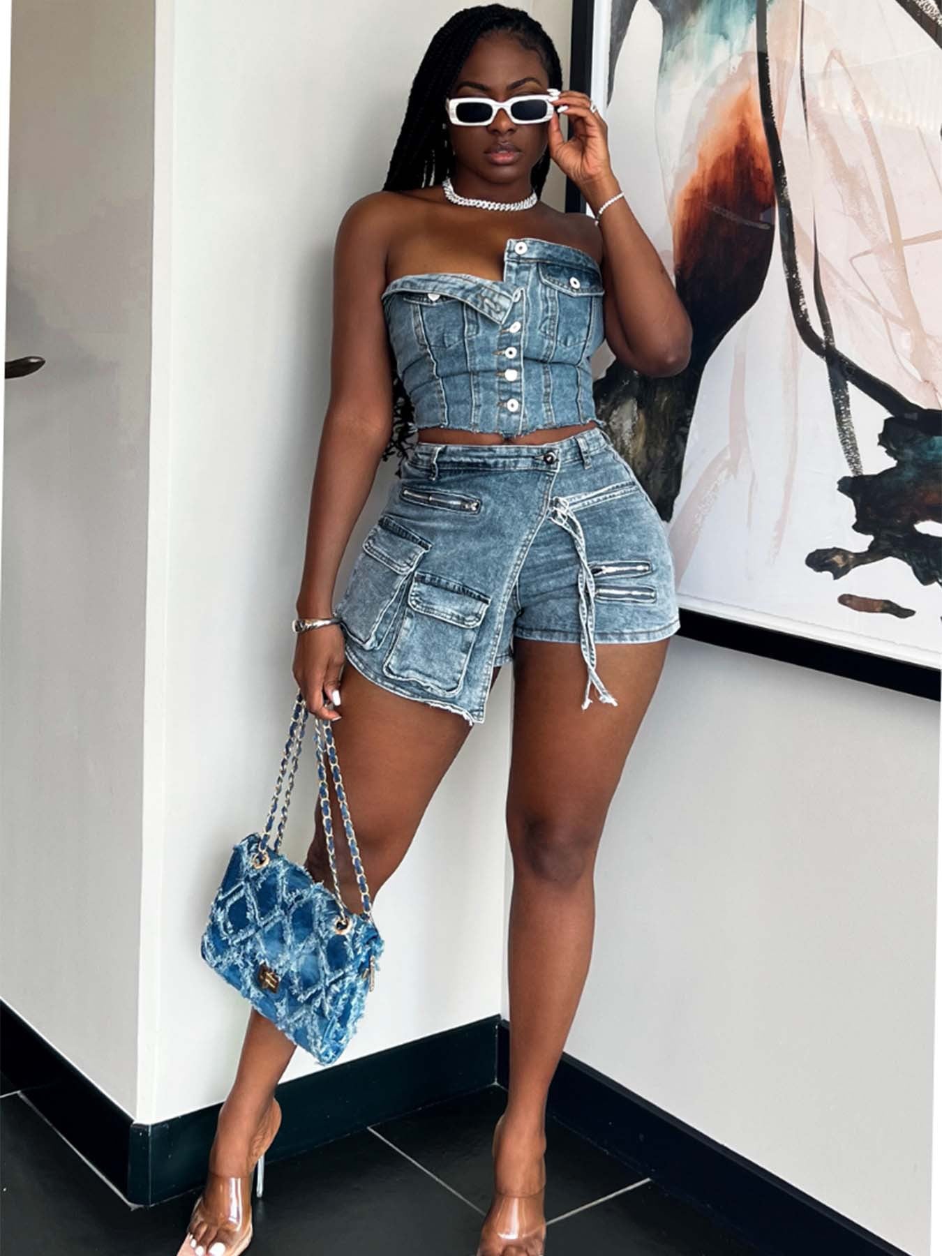 Wear Chest Wrapped Cargo Shorts Denim Set
