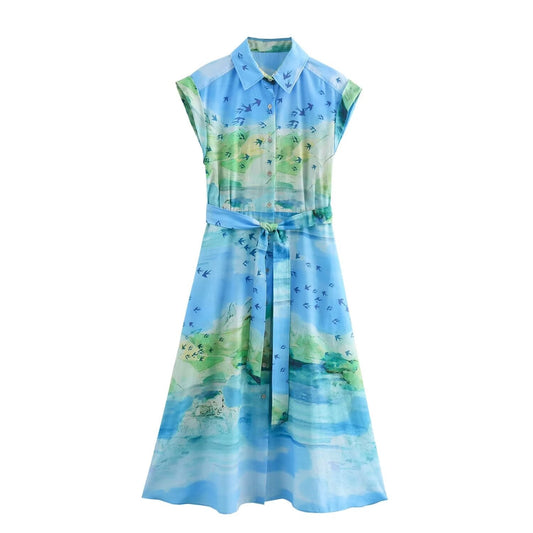 Clothing Printed Shirt Lace Up Dress Long Dress