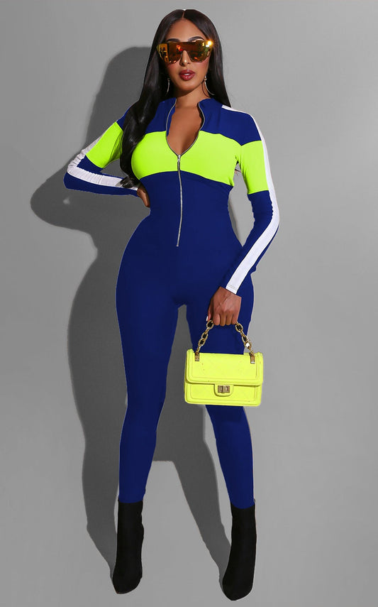 Popular Sports Deep V Plunge Multi Color Jumpsuit