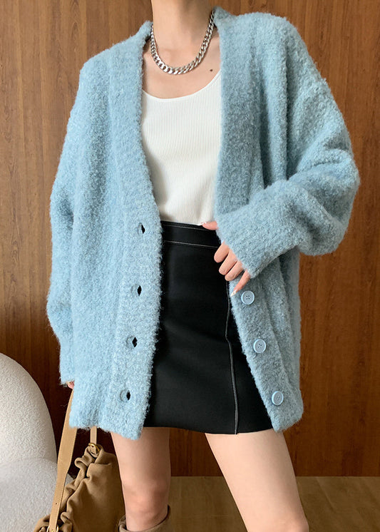 Blue V Neck Button Woolen Cardigans Fall Wd005