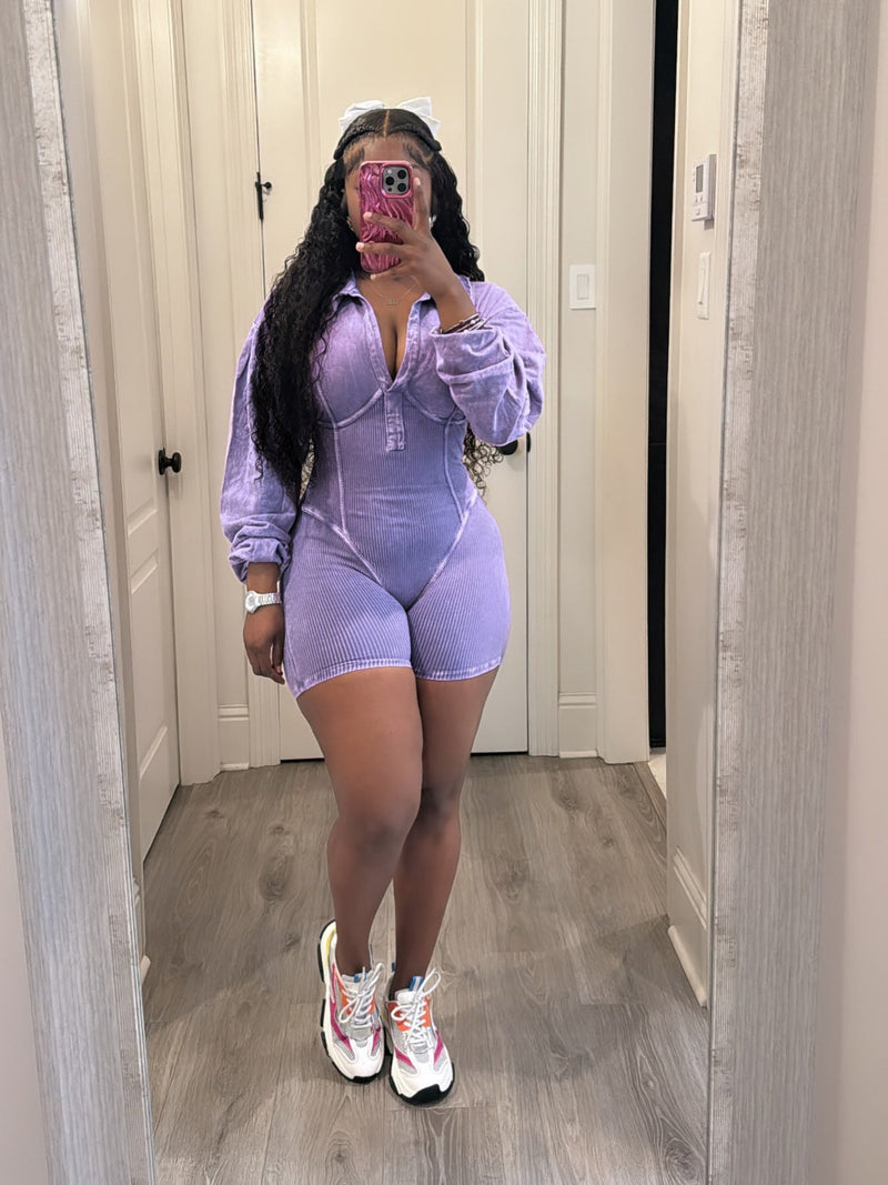 Clothing Classic Washed Old Collared Deep V Plunge Neck Tight Long Sleeve Jumpsuit