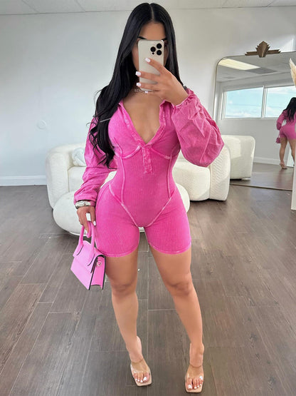 Clothing Classic Washed Old Collared Deep V Plunge Neck Tight Long Sleeve Jumpsuit