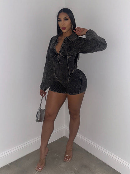 Clothing Classic Washed Old Collared Deep V Plunge Neck Tight Long Sleeve Jumpsuit