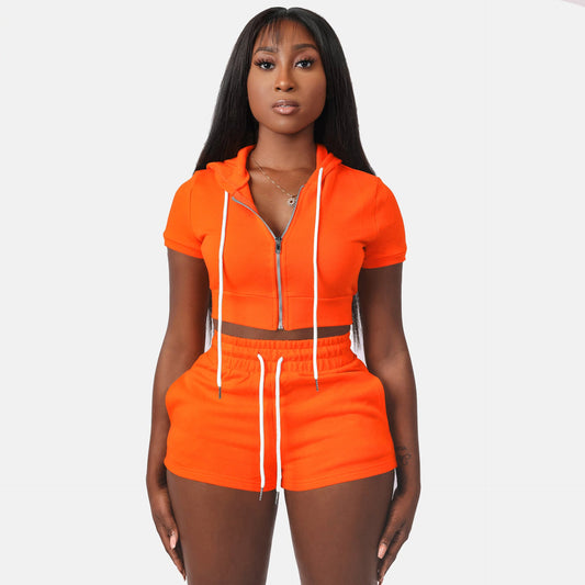Clothing Supply Zipper Cardigan Color Short Top Hoodie Two Piece Set Set