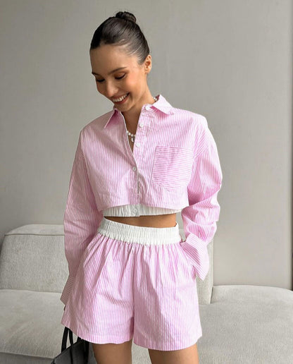 Striped Shirt Long Sleeve Two Piece Set Elastic Waist Shorts Suit Summer