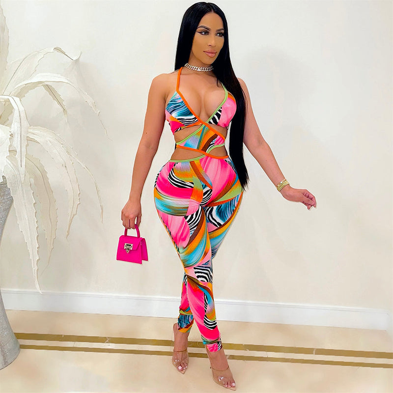 Summer Clothing Nightclub Digital Printing Cross Strap Jumpsuit