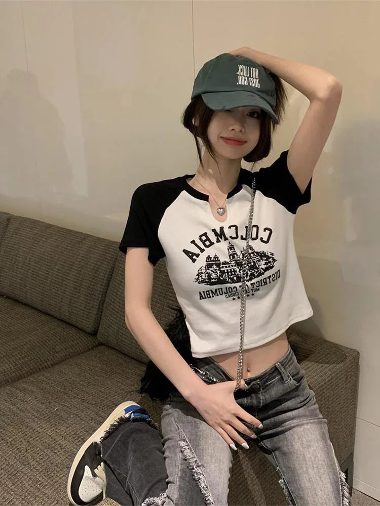 Printed T-shirts Slim V-neck Crop Top Y2k Aesthetic Short Sleeve Grunge Tee Korean Version Pullovers