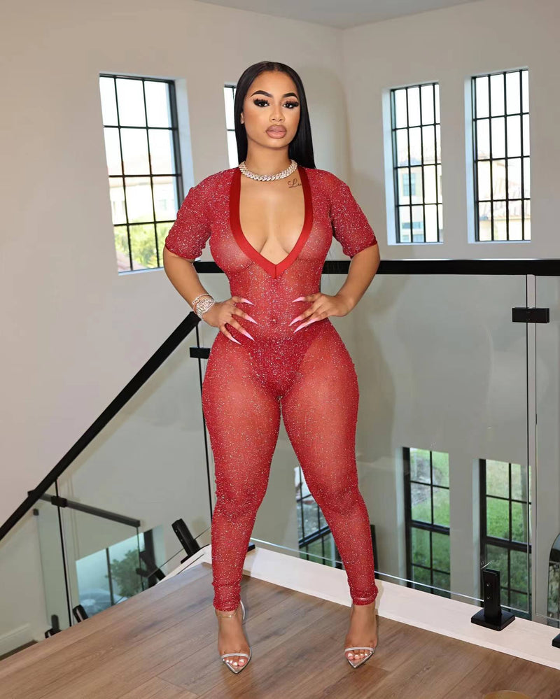 Clothing Semi Transparent Large V Neck Jumpsuit