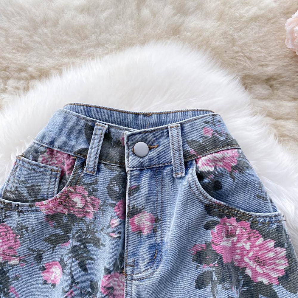 Blue Rose Print Wide Leg Denim Pants Ar1016