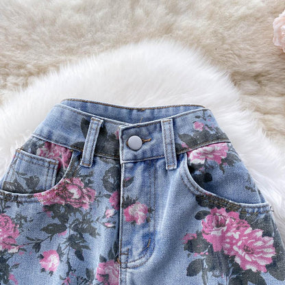 Blue Rose Print Wide Leg Denim Pants Ar1016