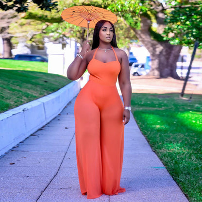 Clothing Color Double Sided Fabric Stitching Strap Halter Jumpsuit Woman Loose