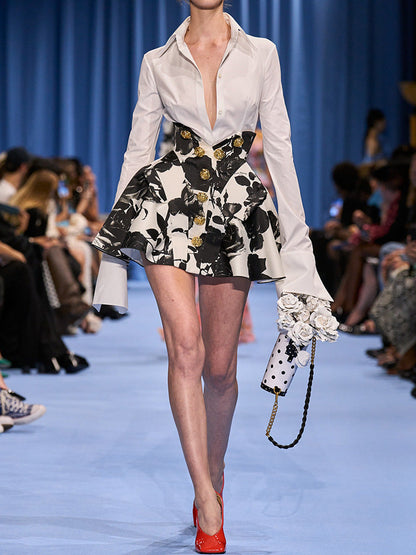 Star Tulip Waistline Rose Metal Buckle Printed Short Skirt Skirt