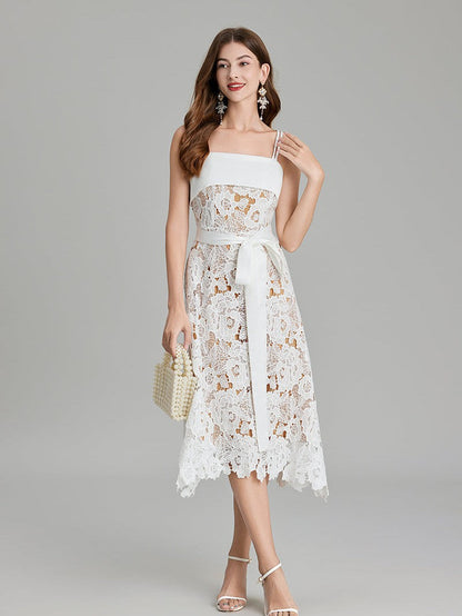 Embroidery Belted a Line Maxi Dress